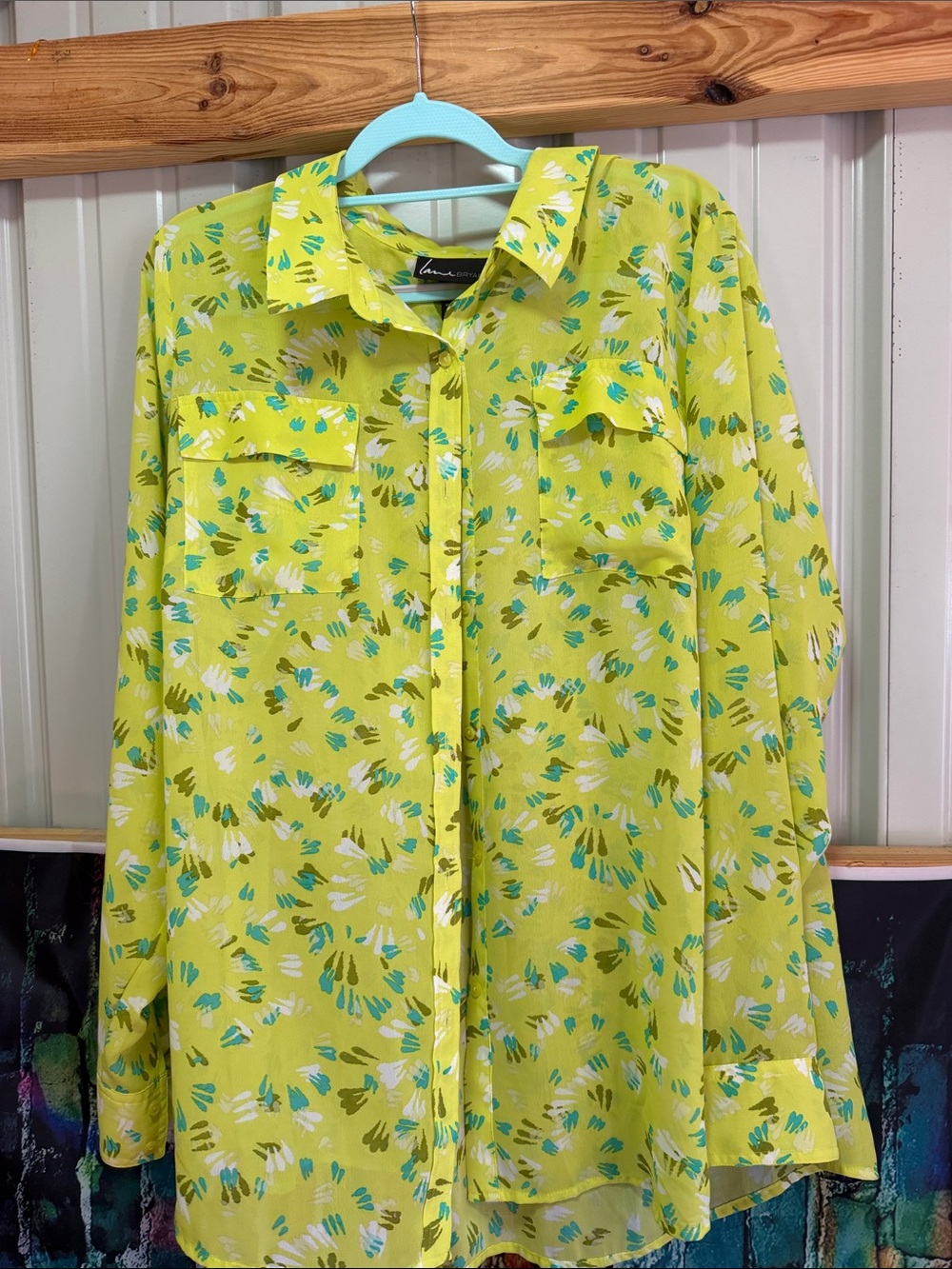 Lane Bryant Yellow Green Abstract Print Button Down Shirt 22/24